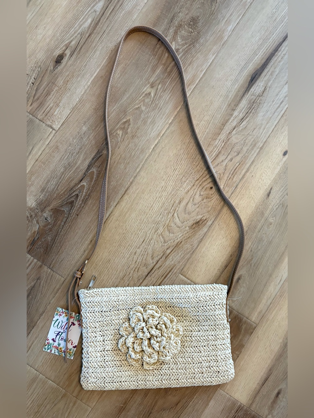 NWT Hand Woven Straw Crossbody Bag with Flower Accent